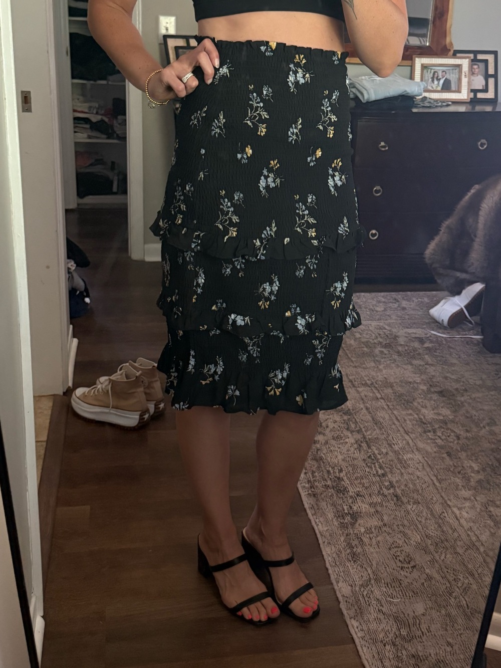Abercrombie & Fitch Black Floral Tiered Midi Skirt